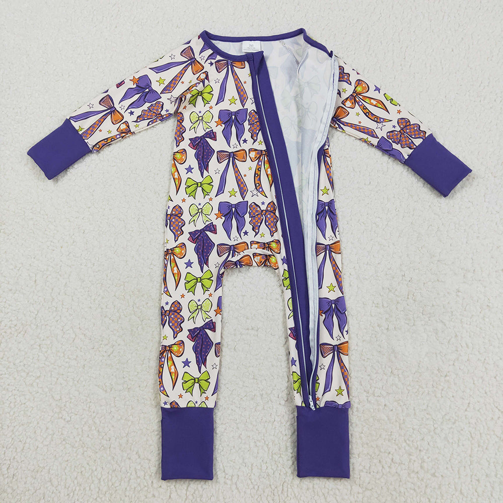 Baby Girls Long Sleeves Purple Bows Zipper Footie Rompers