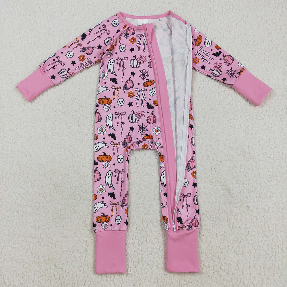 Sibling Baby Girls Pink Ghosts Pumpkins Halloween Rompers Pajamas Sets
