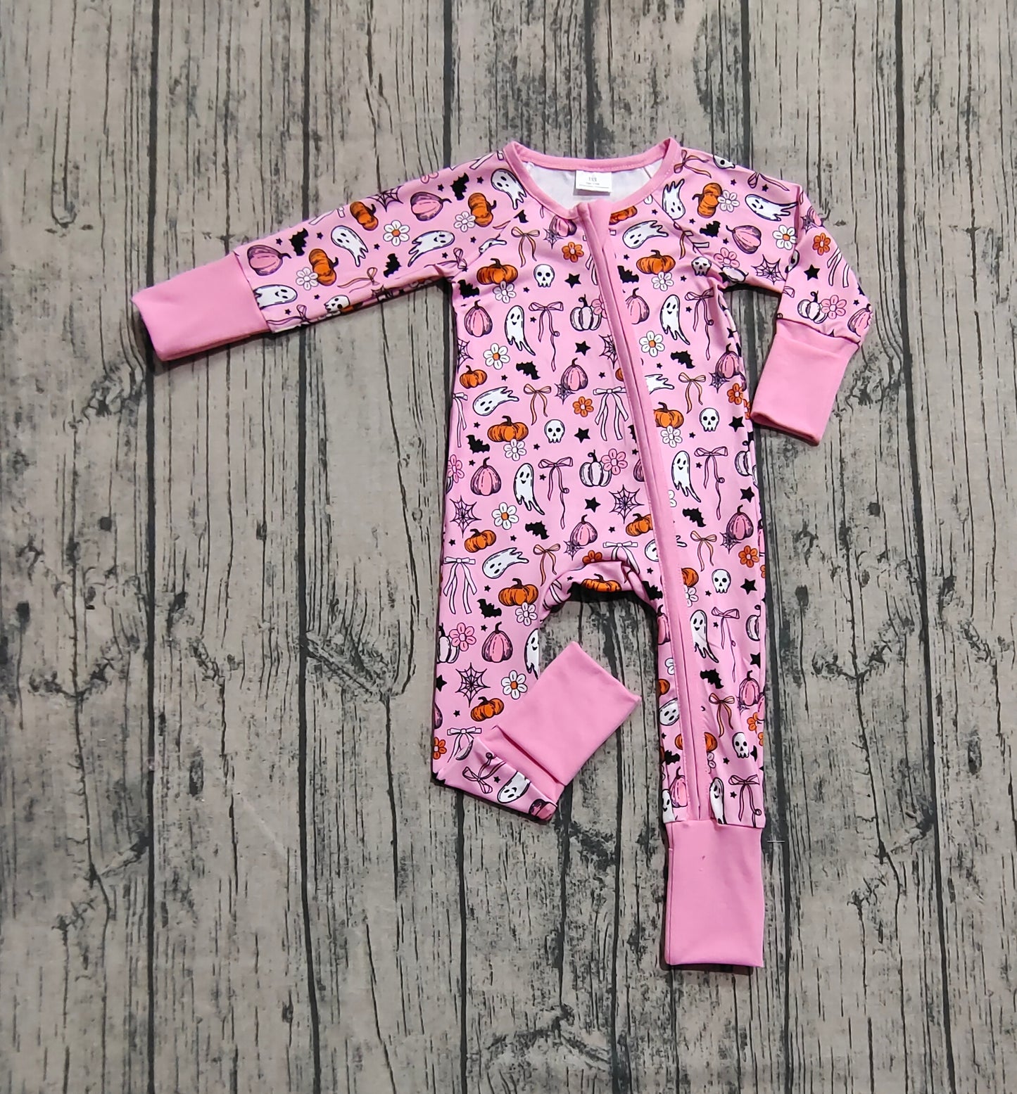 Baby Girls Pink Ghost Pumpkins Halloween Zipper Footie Rompers