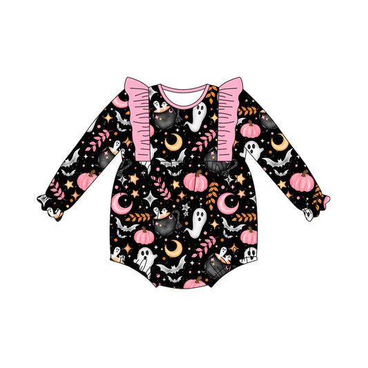 Baby Girls Black Long Ruffle Sleeves Ghost Pumpkins Plaid Rompers Preorder