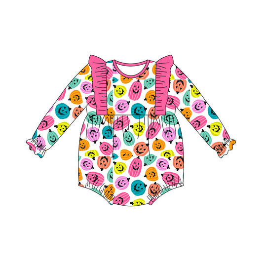 Baby Girls Long Ruffle Sleeves Colorful Ghost Pumpkins Plaid Rompers Preorder