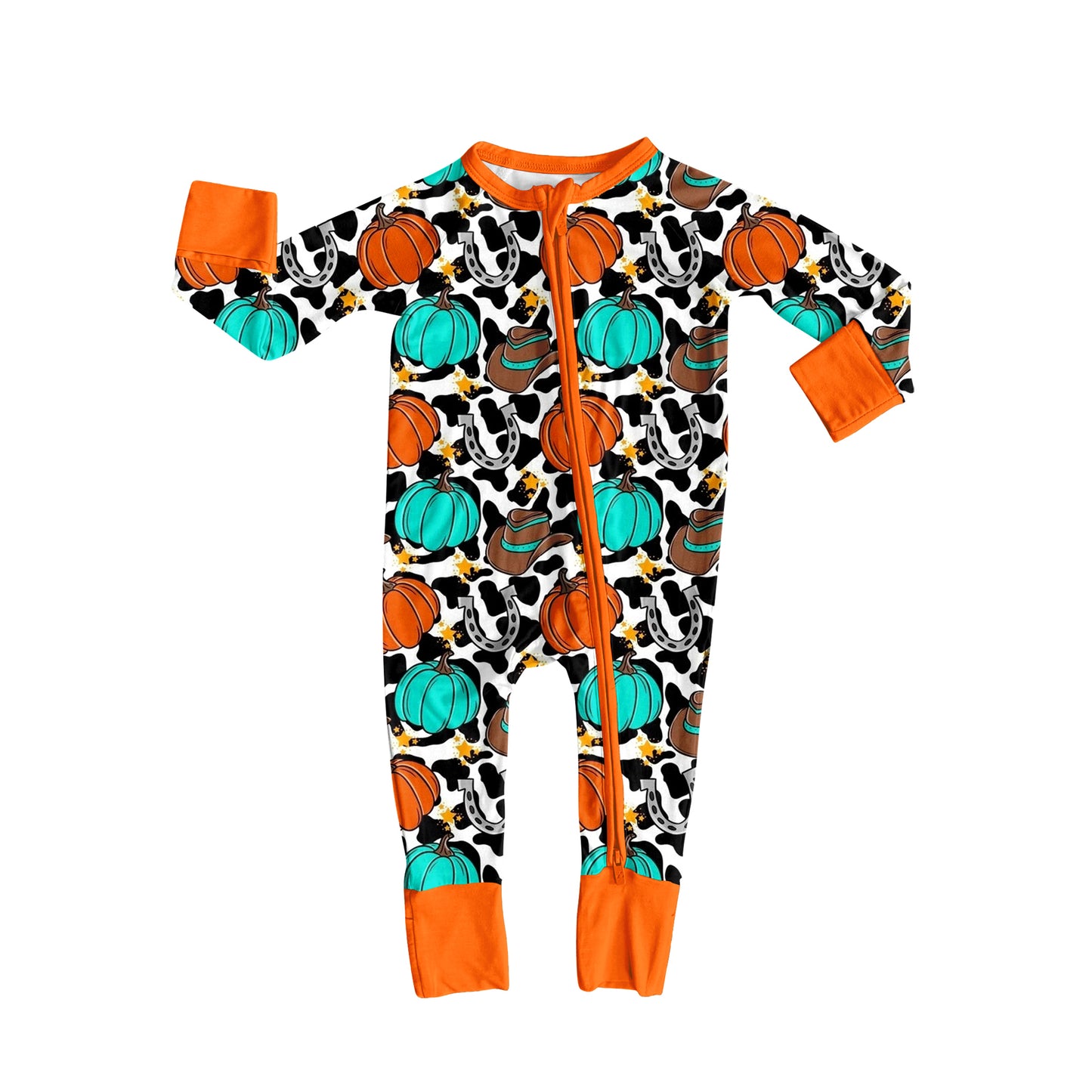 Baby Boys Long Sleeves Cow Print Pumpkins Zipper Pant Rompers Preorder
