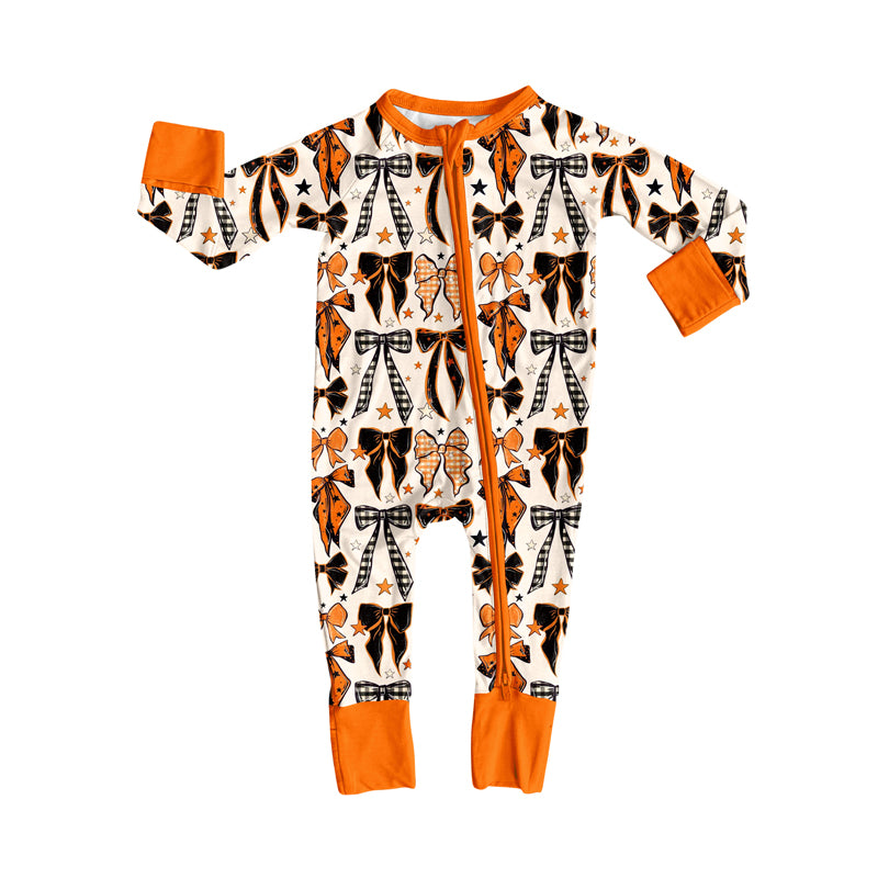 Baby Boys Orange Black Bows Stars Halloween Zipper Footie Rompers