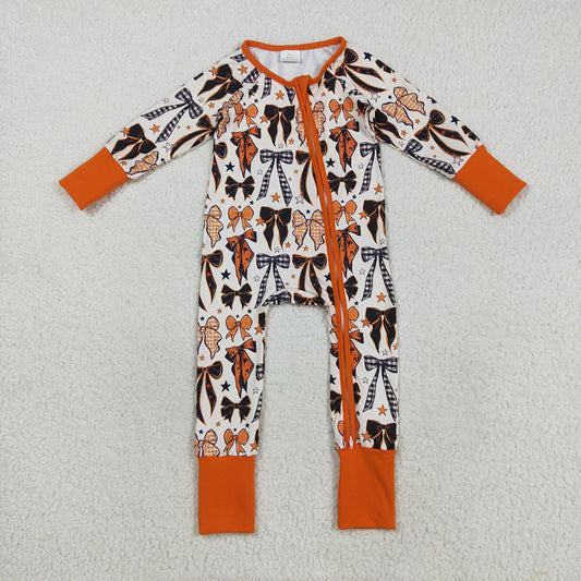Baby Boys Orange Black Bows Stars Halloween Zipper Footie Rompers