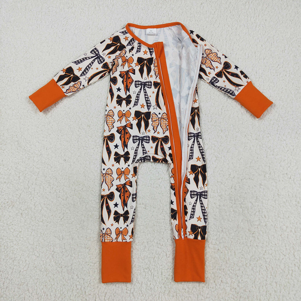 Sibling Baby Kids Orange Black Bows Stars Halloween Pajams Sets Zipper Footie Rompers