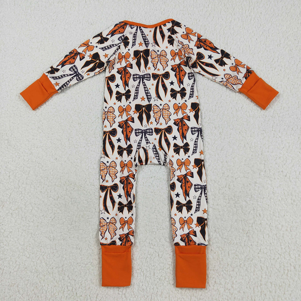 Baby Boys Orange Black Bows Stars Halloween Zipper Footie Rompers