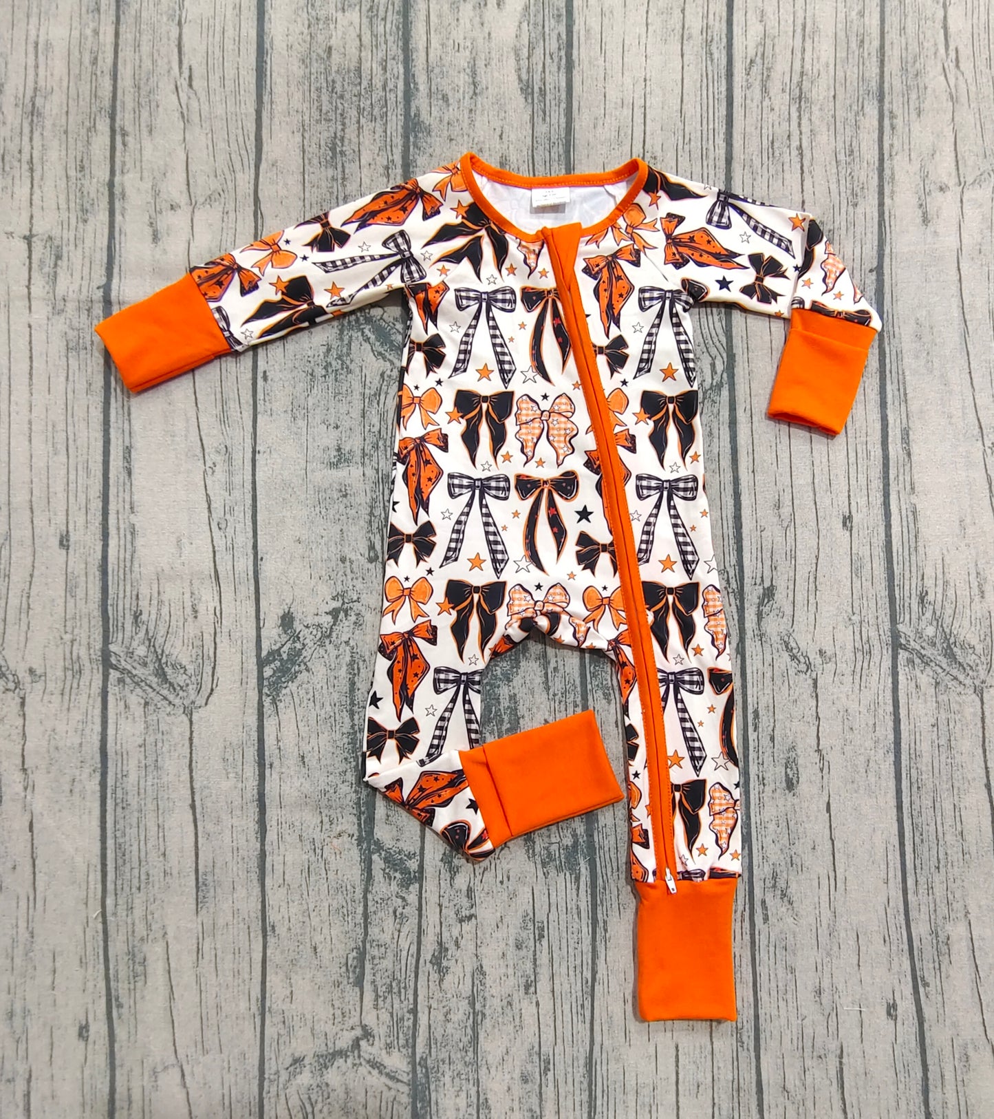 Baby Boys Orange Black Bows Stars Halloween Zipper Footie Rompers