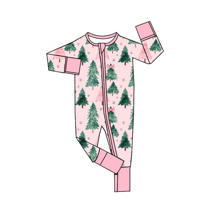 Baby Girls Pink Long Sleeves Bows Trees Zipper Rompers Preorder