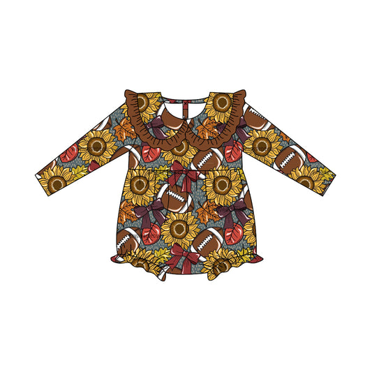 Baby Girls Brown Long Sleeves Sunflower Footballs Ruffle Rompers Preorder