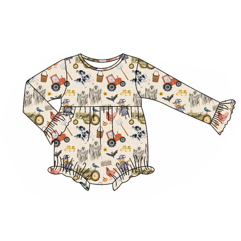 Baby Girls Long Ruffle Sleeves Trucks Chicks Farm Rompers Preorder