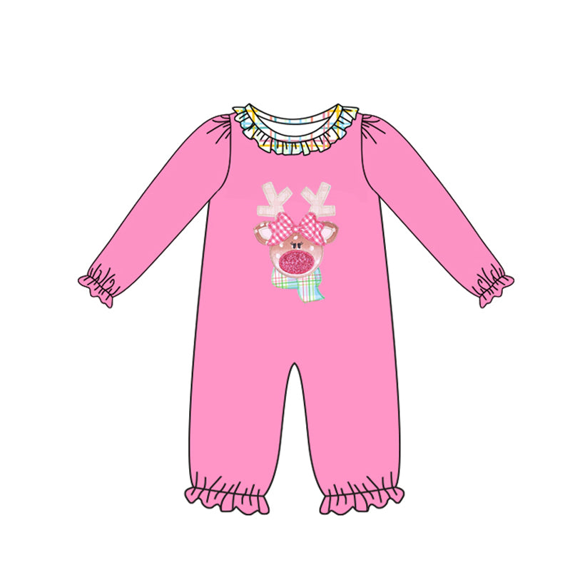 Baby Girls Pink Long Sleeves Christmas Deer Ruffle Pant Rompers Preorder