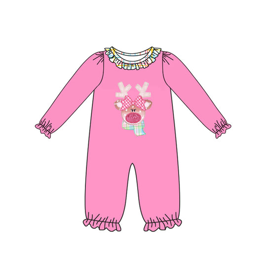 Baby Girls Pink Long Sleeves Christmas Deer Ruffle Pant Rompers Preorder