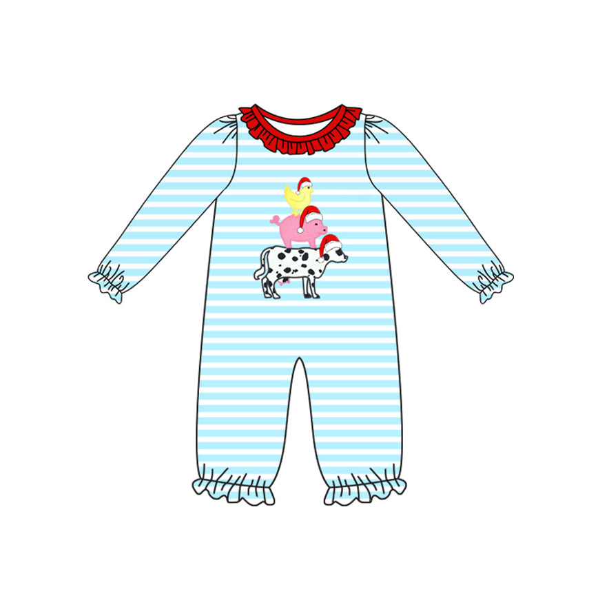 Baby Girls Long Sleeves Christmas Hats Chicks Cows Ruffle Pant Rompers Preorder