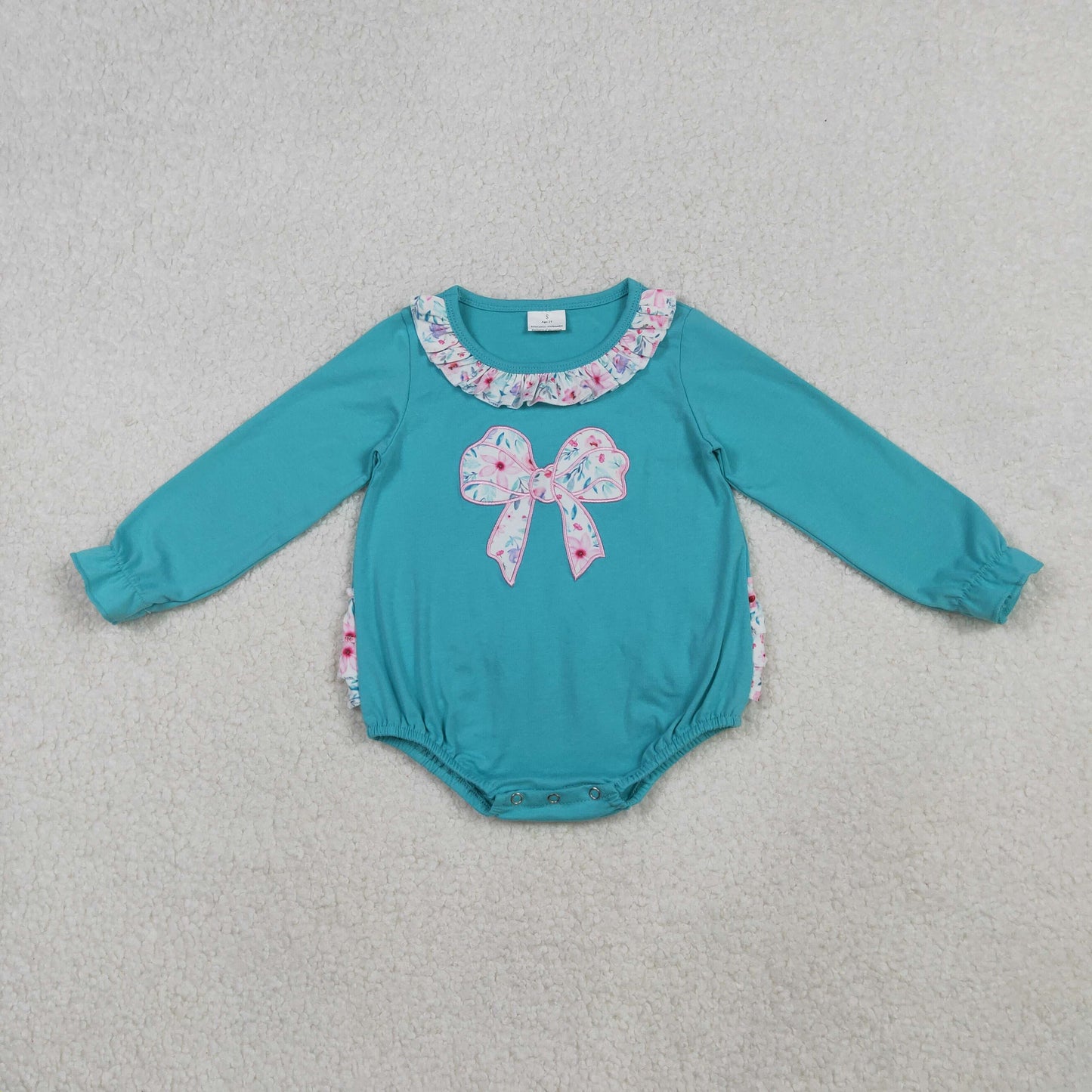 Embroidery Floral Bows Baby Girls Ruffle Collar Bubbly Rompers