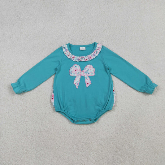 Embroidery Floral Bows Baby Girls Ruffle Collar Bubbly Rompers