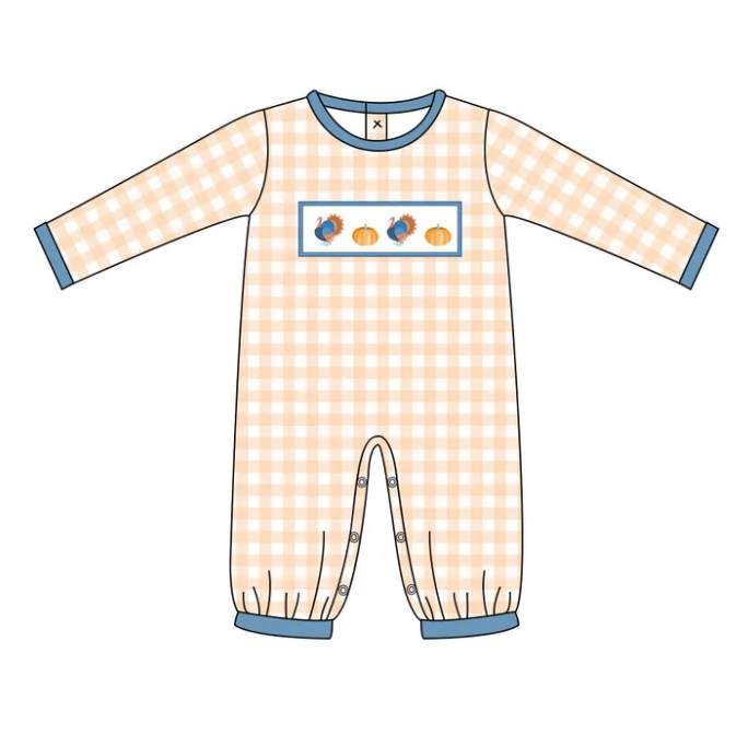 Preorder Baby Boys Orange Plaid Turkey Pumpkins Fall Footie Rompers