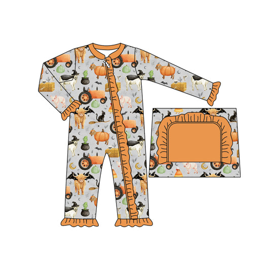 Baby Girls Long Sleeves Bats Farm Pumpkins Ruffle Zipper Rompers Preorder