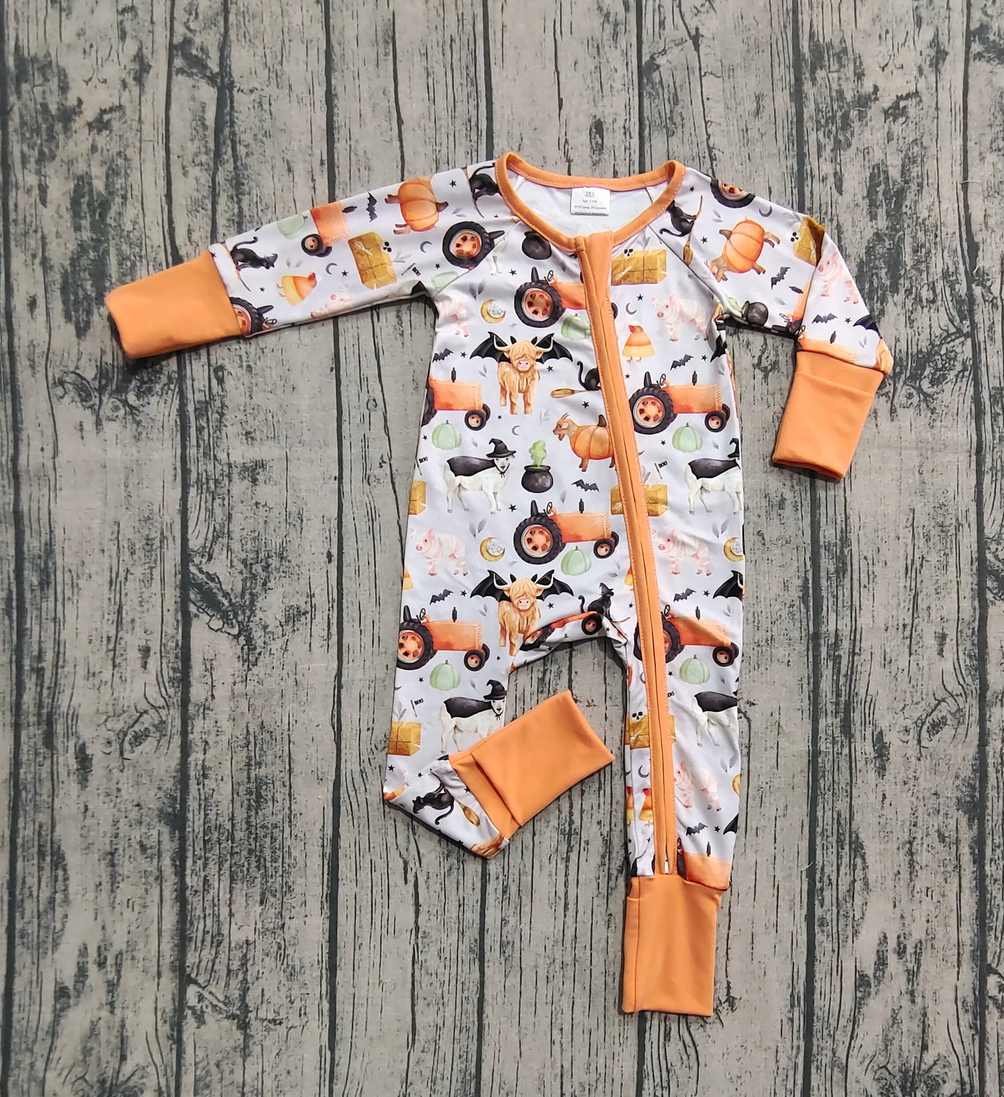 Baby Girls Farm Bats Pumpkins Halloween Zipper Footie Rompers