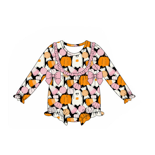 Baby Girls Long Sleeves Ghosts Pumpkins Bows Ruffle Rompers Preorder