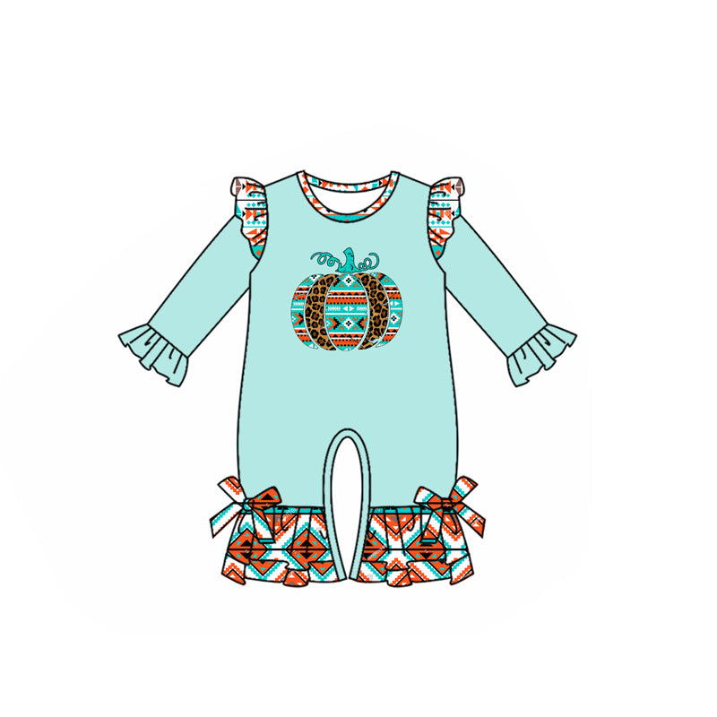 Baby Girls Light Blue Long Sleeves Leopard Pumpkins Ruffle Pant Rompers Preorder