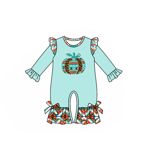 Baby Girls Light Blue Long Sleeves Leopard Pumpkins Ruffle Pant Rompers Preorder