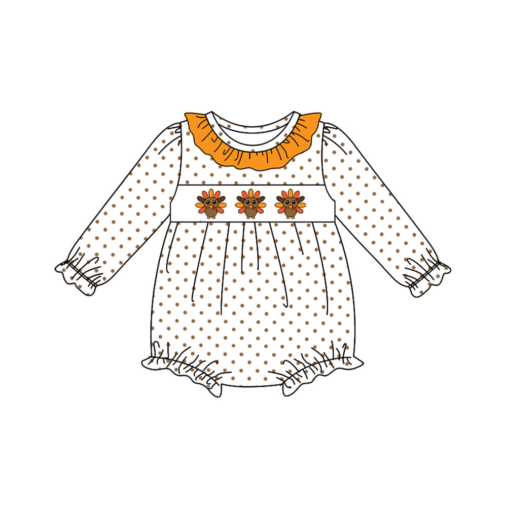 Baby Girls Long Sleeves Turkey Polka Dots Ruffle Rompers Preorder