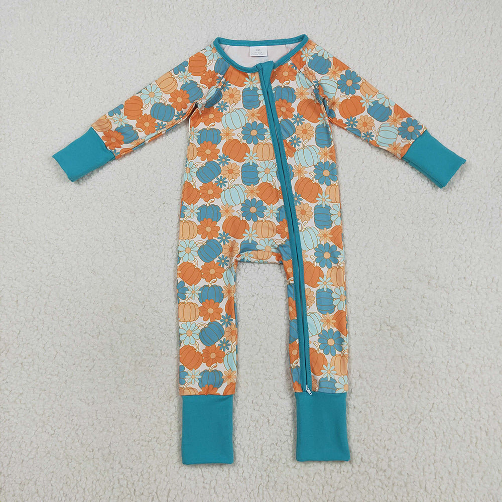 Baby Boys Colorful Pumpkins Flowers Fall Zipper Footie Rompers