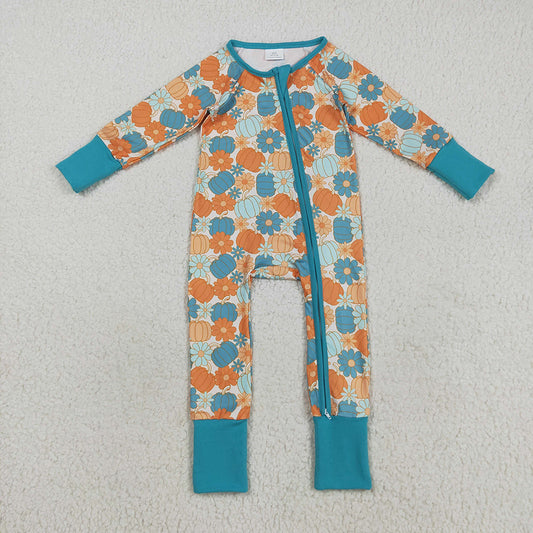Baby Boys Colorful Pumpkins Flowers Fall Zipper Footie Rompers