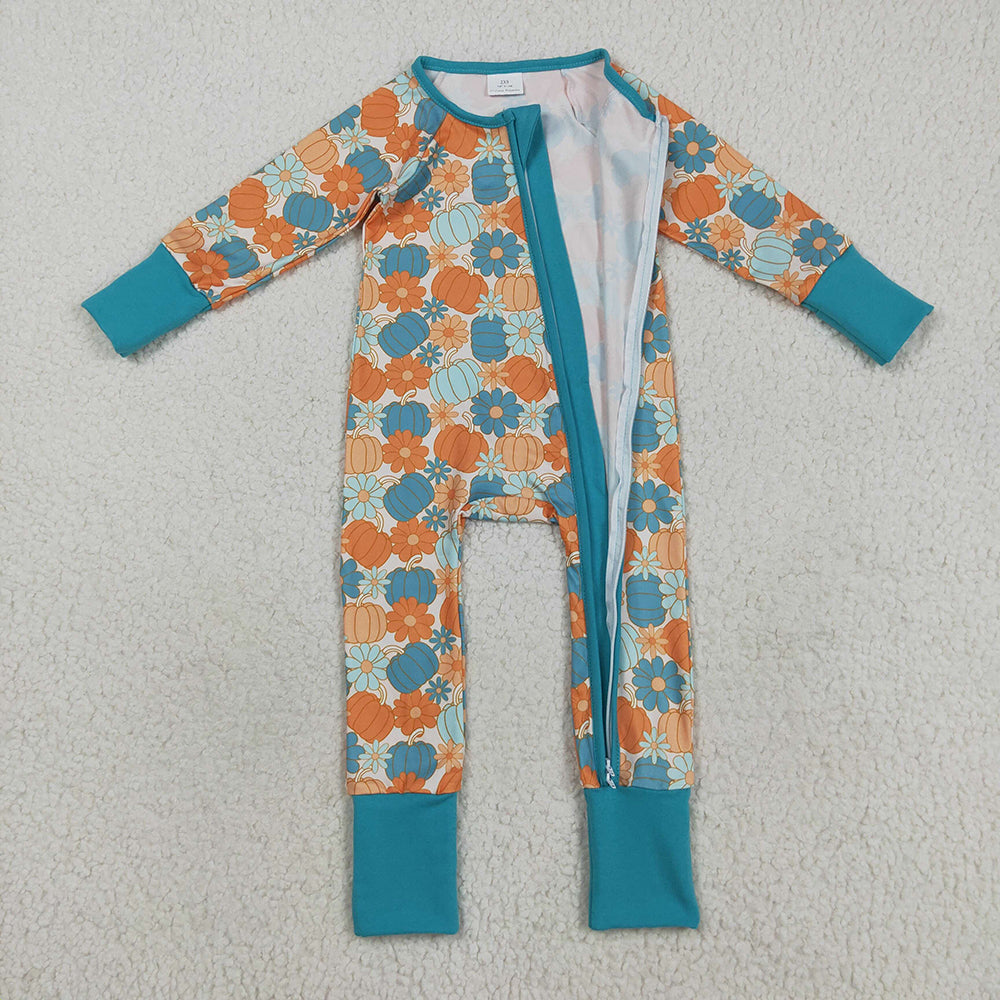 Baby Boys Colorful Pumpkins Flowers Fall Zipper Footie Rompers