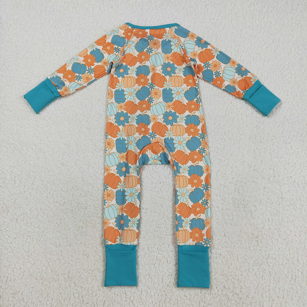 Baby Boys Colorful Pumpkins Flowers Fall Zipper Footie Rompers