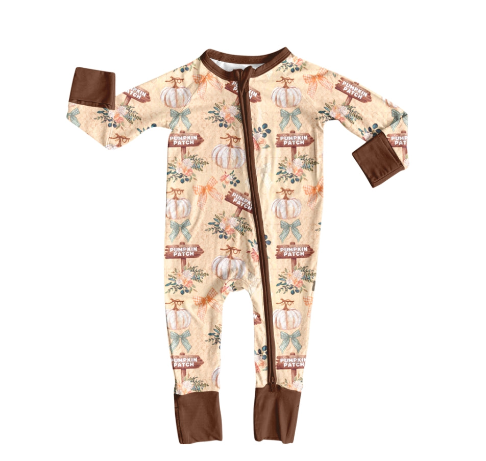 Baby Boys Fall Pumpkins Bows Fall Zipper Footie Rompers
