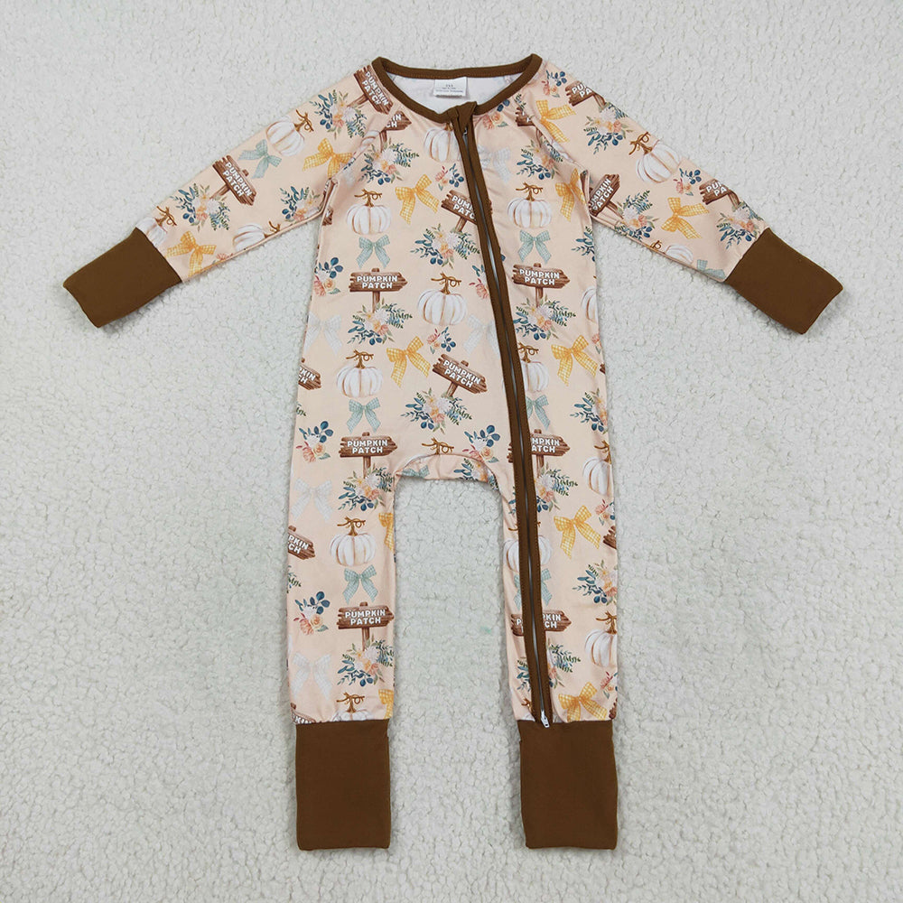 Baby Boys Fall Pumpkins Bows Fall Zipper Footie Rompers