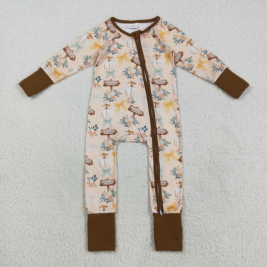 Baby Boys Fall Pumpkins Bows Fall Zipper Footie Rompers