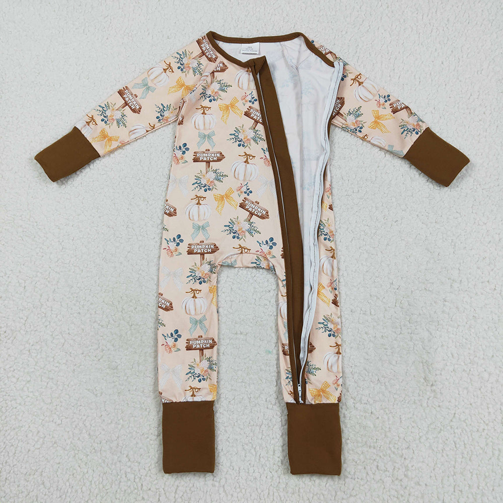 Baby Boys Fall Pumpkins Bows Fall Zipper Footie Rompers