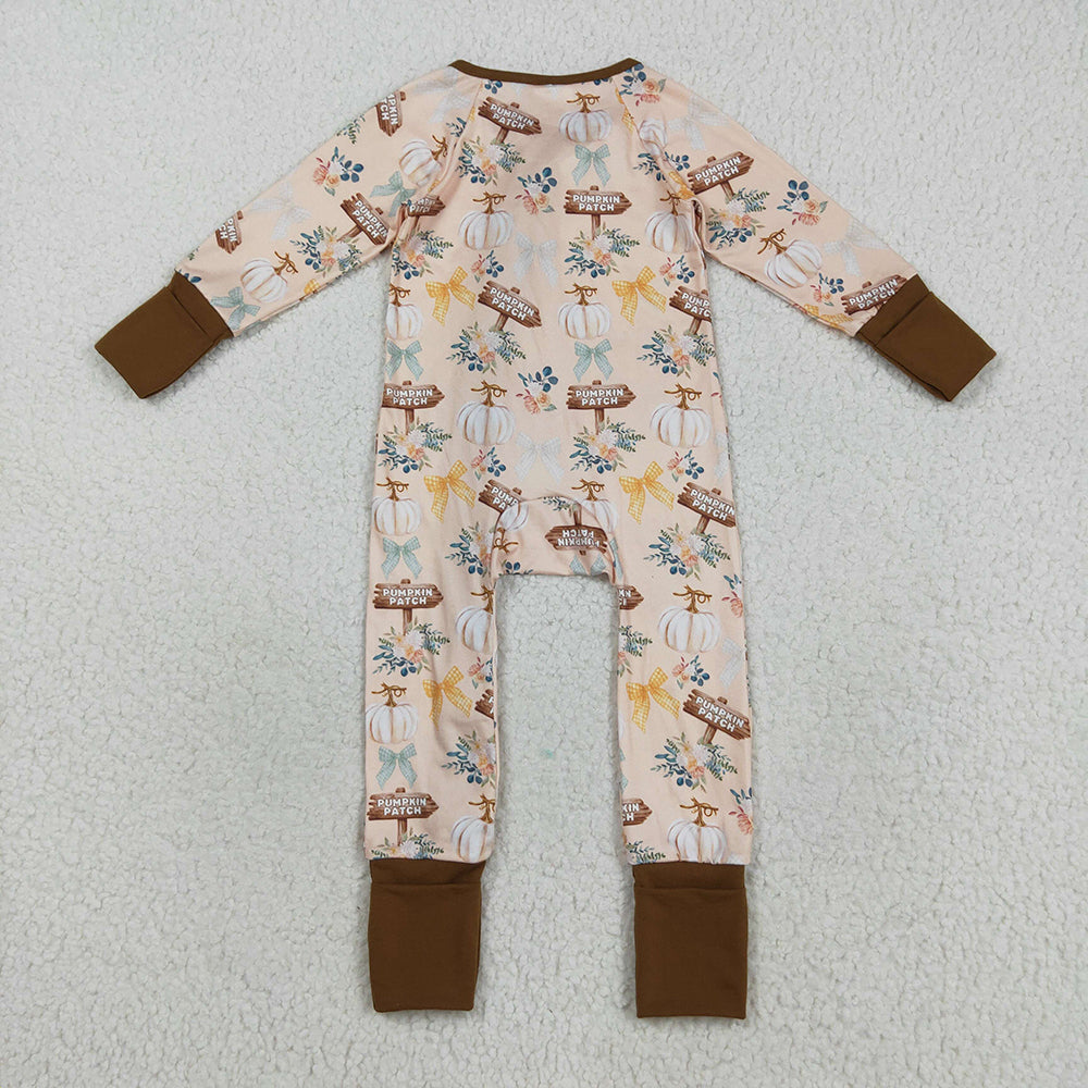 Baby Boys Fall Pumpkins Bows Fall Zipper Footie Rompers