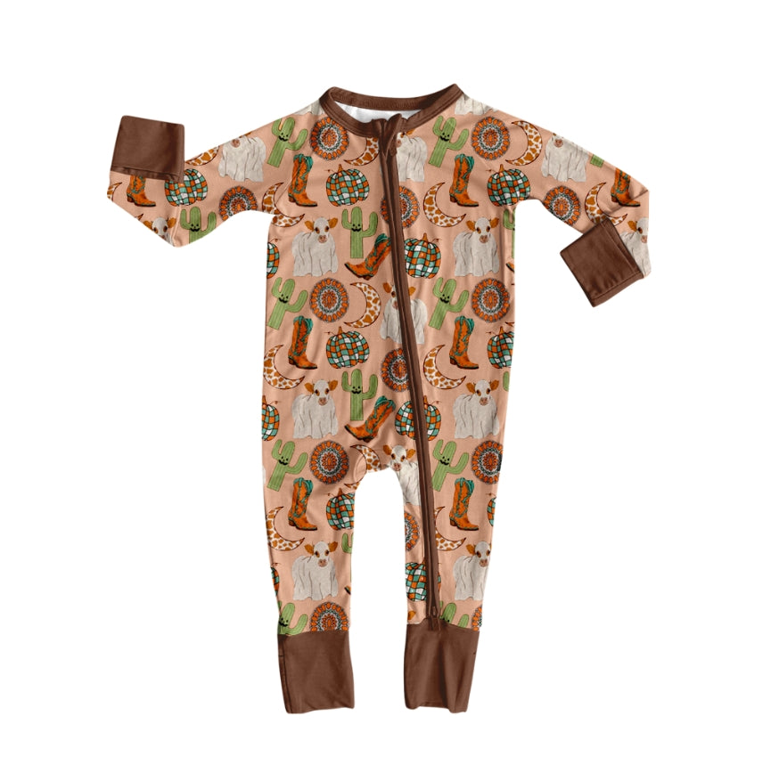 Baby Boys Western Cactus Boots Cows Zipper Footie Rompers