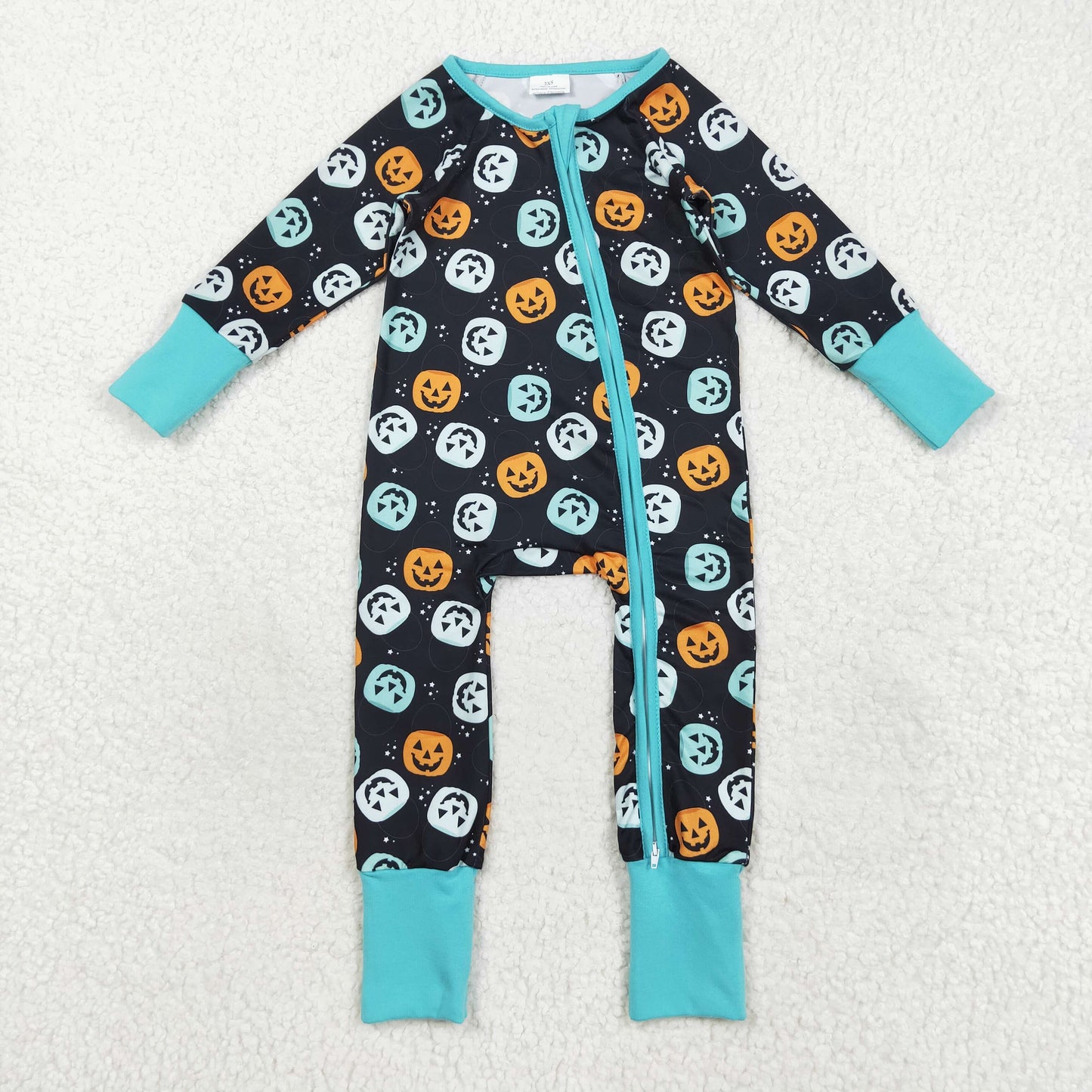 Sibling Baby Girls Colorful Ghost Pumpkins Fall Halloween Zipper Footie Rompers