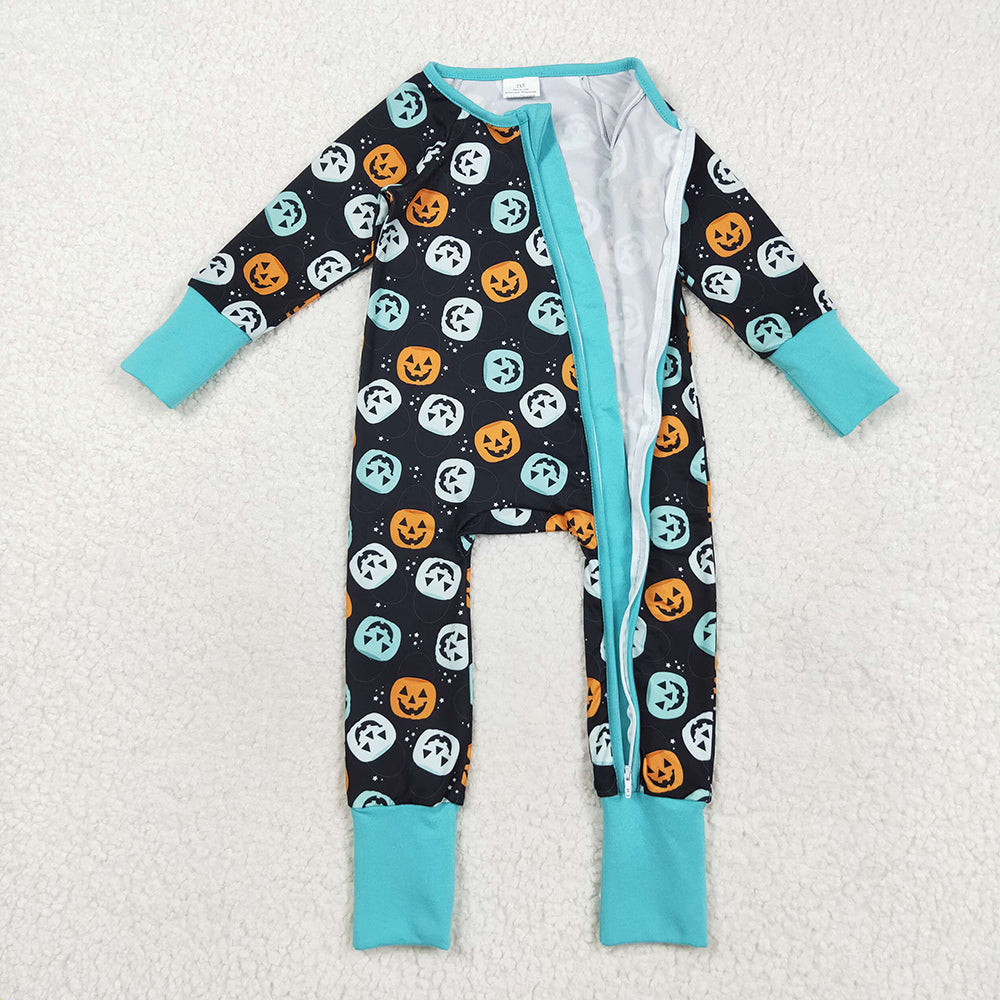 Baby Boys Ghost Pumpkins Fall Zipper Footie Rompers