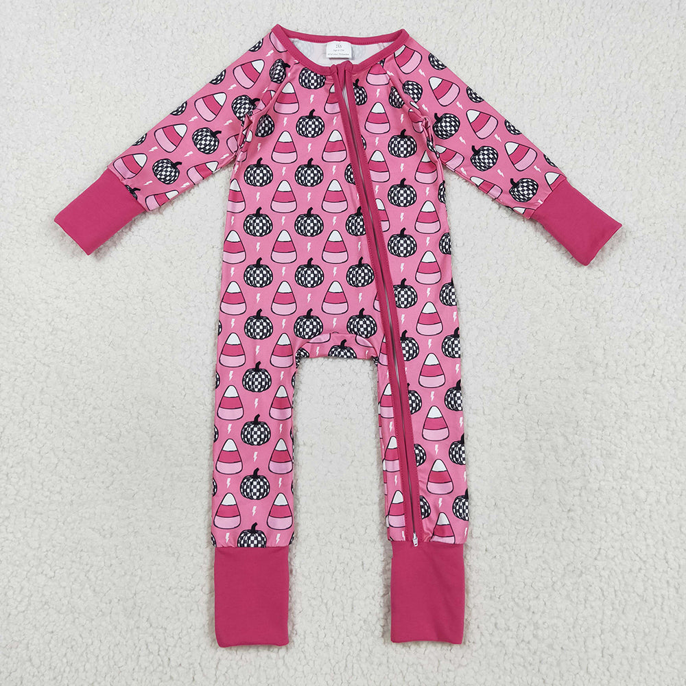Baby Girls Fall Pumpkins Candy Plaid Zipper Footie Rompers