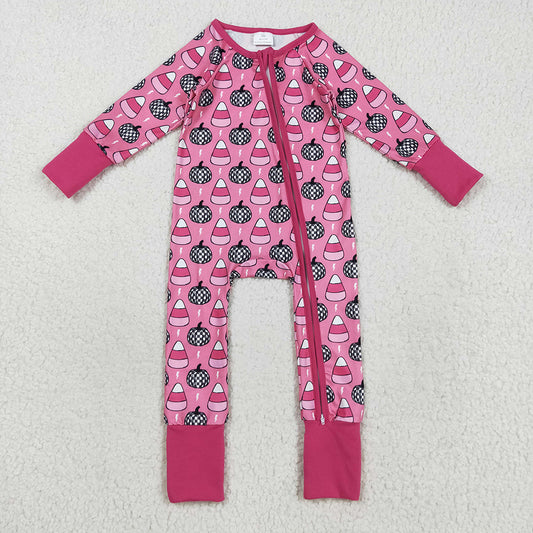 Baby Girls Fall Pumpkins Candy Plaid Zipper Footie Rompers