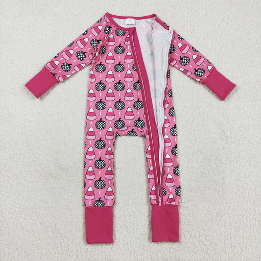 Baby Girls Fall Pumpkins Candy Plaid Zipper Footie Rompers