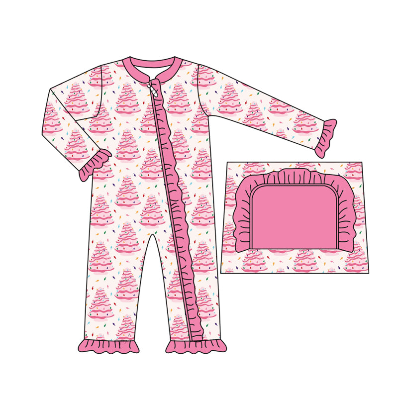 Baby Girls Long Sleeves Pink Christmas Trees Plaid Ruffle Zipper Pant Rompers Preorder