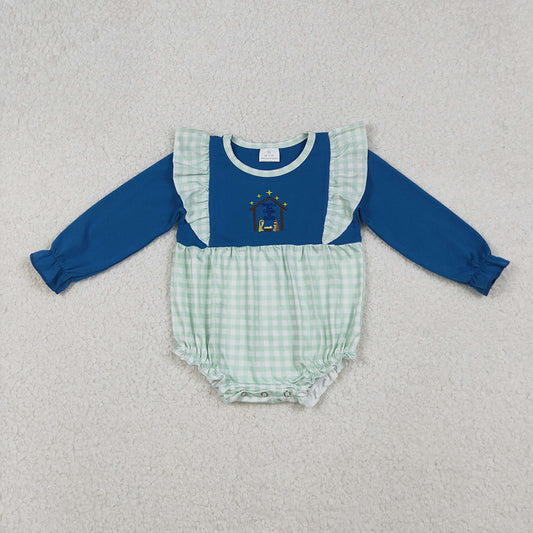 Embroidery Baby Girls Long Ruffle Sleeves Nativity Christmas Rompers