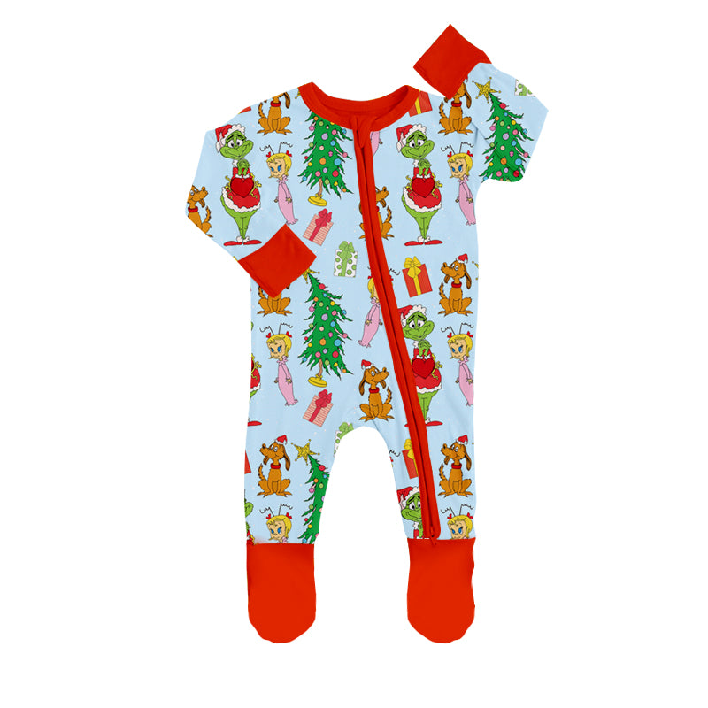 Baby Girls Green Face Christmas Trees Zipper Footed Rompers