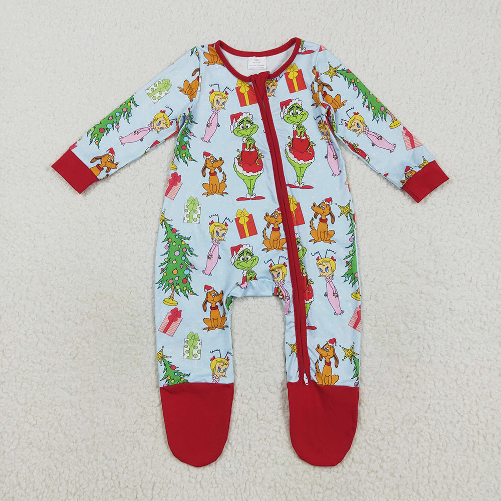 Baby Girls Green Face Christmas Trees Zipper Footed Rompers