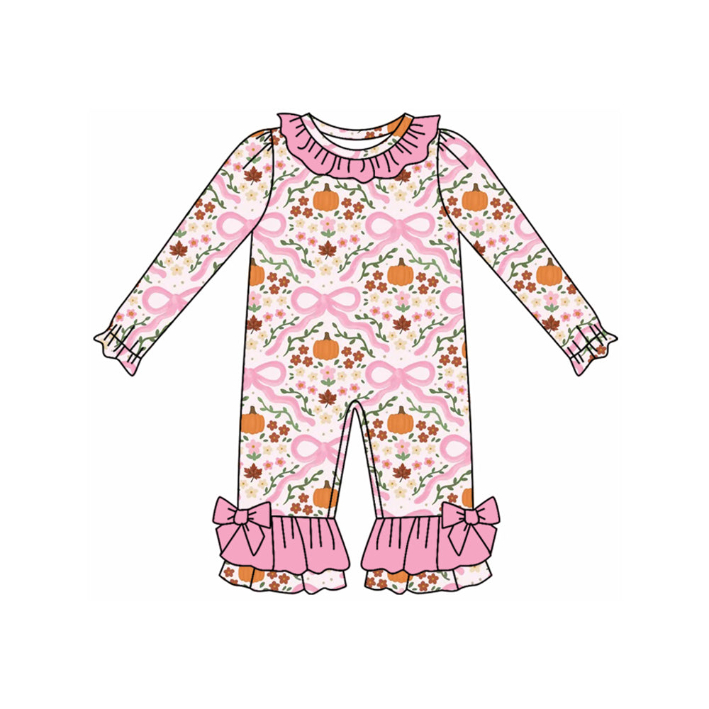 Baby Girls Long Sleeves Bows Floral Pumpkins Plaid Ruffle Pant Rompers