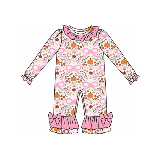 Baby Girls Long Sleeves Bows Floral Pumpkins Plaid Ruffle Pant Rompers