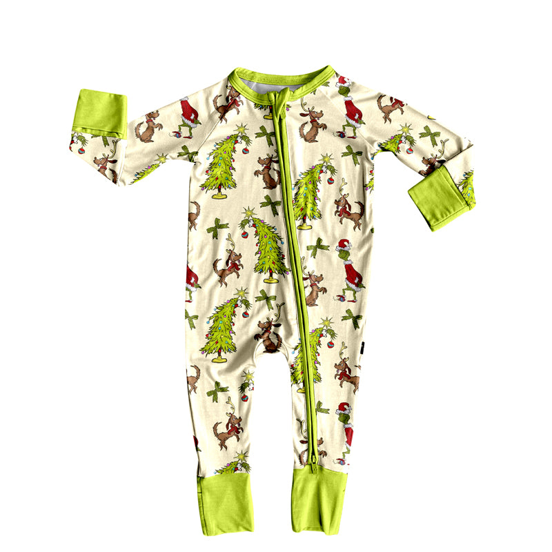 Baby Boys Christmas Trees Green Face Dogs Zipper Footie Rompers