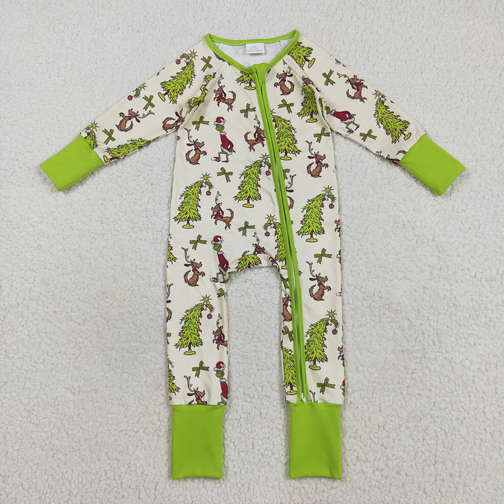 Baby Boys Christmas Trees Green Face Dogs Zipper Footie Rompers