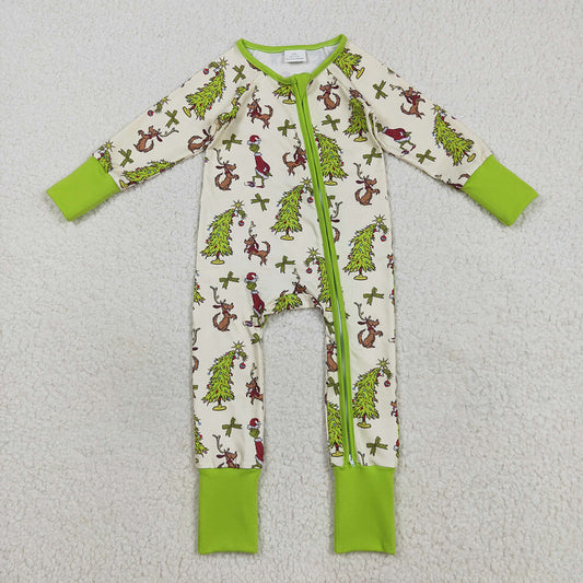 Baby Boys Christmas Trees Green Face Dogs Zipper Footie Rompers